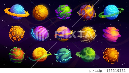 Cartoon space planets, stars and asteroids with floating gas, wavy stripes, rocky craters and bright halo. Vector celestial alien planets have glowing rings, fluid texture or abstract lava surface. Cartoon space planets, stars and asteroids with floating gas, wavy stripes, rocky craters and bright halo. Vector celestial alien planets have glowing rings, fluid texture or abstract lava surface. 135319381