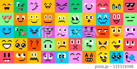 Retro 8bit pixel emoji character faces vector pack. Pixelated square emoticons with happy, sad and surprised, angry, cry or funny, smile, anger expressions. Collage of colorful square faces emotions Retro 8bit pixel emoji character faces vector pack. Pixelated square emoticons with happy, sad and surprised, angry, cry or funny, smile, anger expressions. Collage of colorful square faces emotions 135319386