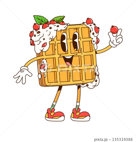 Cartoon retro groovy Belgian waffle character topped with a whipped cream, mint leaves and berries. Isolated vector wafer, cute fresh breakfast appetizer y2k personage, funky pastry hippie snack 135319388