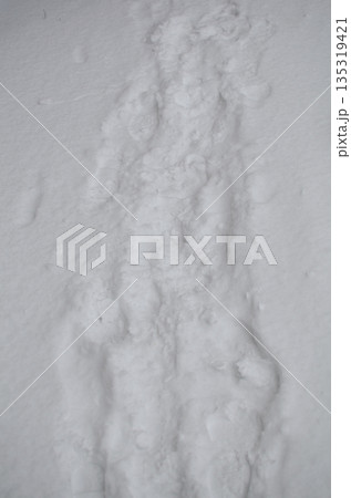 Footprint mark deep in fresh snow, winter path, hike concept, aerial shot 135319421