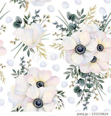 Seamless pattern with white anemones flowers with greenery, grass and eucalyptus branches. Watercolor botanical floral repeat background with wildflowers for delicate spring wedding designs 135319624
