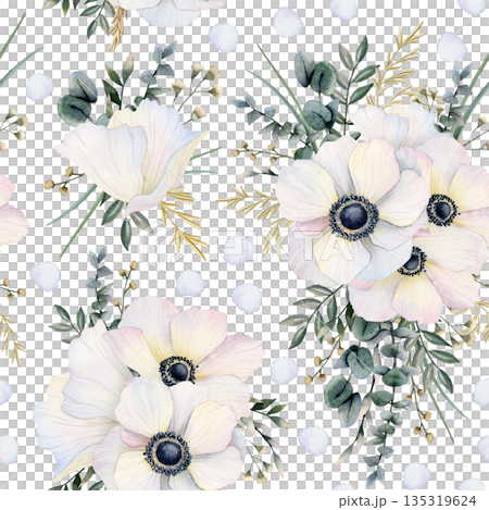 Seamless pattern with white anemones flowers with greenery, grass and eucalyptus branches. Watercolor botanical floral repeat background with wildflowers for delicate spring wedding designs 135319624