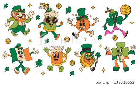 Cute St. Patricks Day Icons Leprechauns, Shamrocks, and Gold Coins 135319652