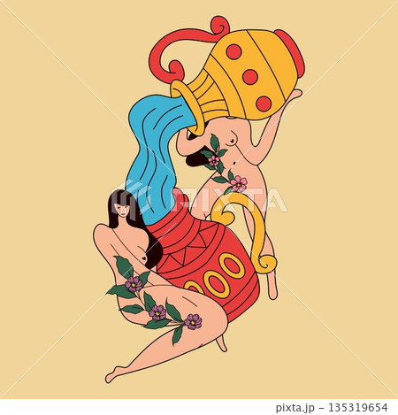 Aquarius Zodiac Water Bearer with Flowing Water and Floral Design Aquarius Zodiac Water Bearer with Flowing Water and Floral Design 135319654