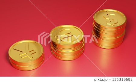 赤い背景と階段状の円・ユーロ・ドル金貨 積極的な投資・金運・利益のイメージ 135319695