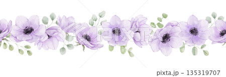 Seamless watercolor border with anemone flowers. Endless floral purple pattern isolated on white background for wedding design Seamless watercolor border with anemone flowers. Endless floral purple pattern isolated on white background for wedding design 135319707