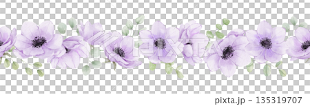 Seamless watercolor border with anemone flowers. Endless floral purple pattern isolated on white background for wedding design Seamless watercolor border with anemone flowers. Endless floral purple pattern isolated on white background for wedding design 135319707