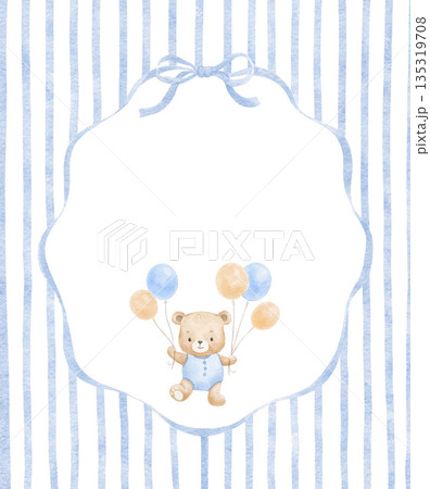 Cute bear watercolor design for baby boy card, character with birthday balloons for nursery poster, template 135319708