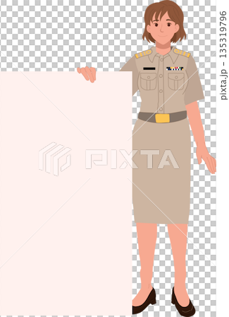 female government officer holding blank signboard illustration with copy space 135319796