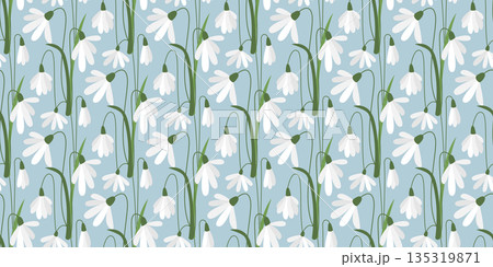 Delicate first snowdrops on blue background, seamless pattern 135319871