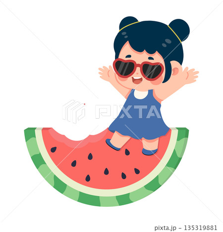 Happy Girl Wearing Sunglasses Sitting on Watermelon Slice Happy Girl Wearing Sunglasses Sitting on Watermelon Slice 135319881