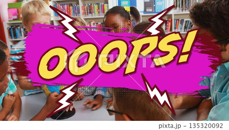 Seven children pressing buzzer on white table in school library, with comic OOPS overlay Seven children pressing buzzer on white table in school library, with comic OOPS overlay 135320092