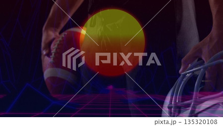 Posing shirtless athlete gripping laced football facemask in arena, neon grid peaks, gradient sun Posing shirtless athlete gripping laced football facemask in arena, neon grid peaks, gradient sun 135320108