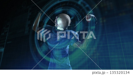 Helmeted player in blue jersey holding football, raising arm in lab, with holographic data rings 135320134