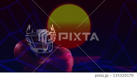 Posing American football player wearing helmet and uniform in neon grid with sun sphere, copy space Posing American football player wearing helmet and uniform in neon grid with sun sphere, copy space 135320170