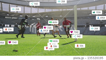 Charging players in red jerseys carrying rugby ball near goalpost on pitch, with floating icons 135320195