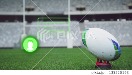 Resting rugby ball on red tee at stadium pitch, with avatar icon chat bubble, copy space 135320198
