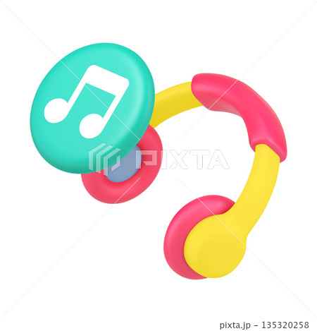 3d Realistic Icon Music Note Circle And Yellow Headphones For Audio And Sound Interface 135320258