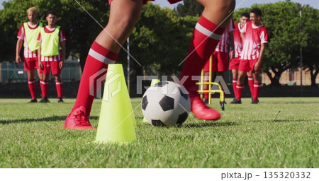 Maneuvering player legs in red socks on field, guiding soccer ball around cones with neon bibs Maneuvering player legs in red socks on field, guiding soccer ball around cones with neon bibs 135320332