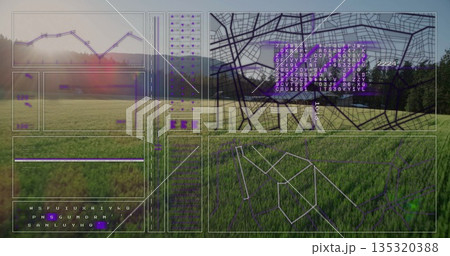 Displaying digital data overlaying grassland, with line chart, map grid and data columns 135320388