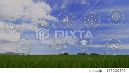 Floating nine outline icons depicting education and analytics hovering above rural crop field, tech Floating nine outline icons depicting education and analytics hovering above rural crop field, tech 135320391