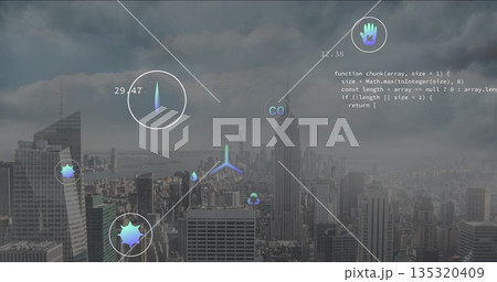 Projecting circular data readouts over dense metro skyline under cloudy sky, with central tower 135320409