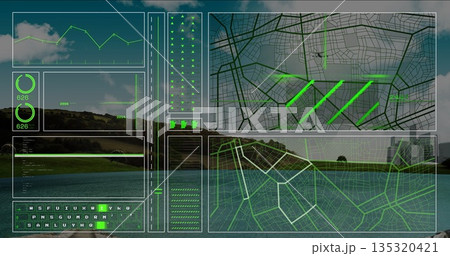 Floating green data interface showing line graph and dials at lakeside, with keyboard and map grids Floating green data interface showing line graph and dials at lakeside, with keyboard and map grids 135320421
