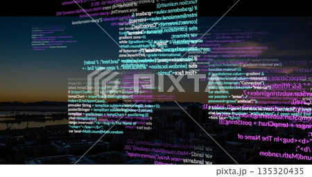 Floating JavaScript and HTML code snippets drifting across dusk cityscape, with dark rooftops 135320435