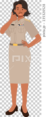 Government Officer Thai Woman Standing in Uniform Smiling Approval Gesture Illustration 135320528