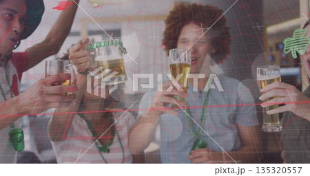 Friends clinking beer mugs, glasses and bottle at bar counter, with green bead necklaces 135320557