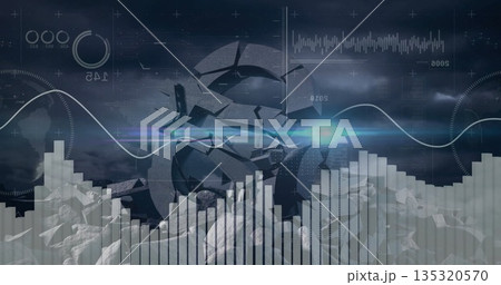 Hovering fractured metallic sphere glinting above rocky terrain, with line graphs and bar charts Hovering fractured metallic sphere glinting above rocky terrain, with line graphs and bar charts 135320570