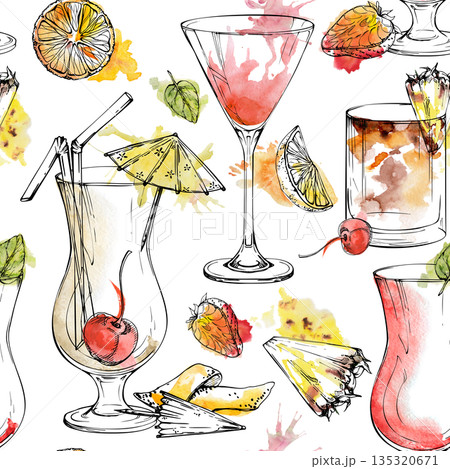 Cosmopolitan, Mai Tai cocktails, iced tea and creamy milkshake, lemonade drinks. Pineapple, citrus juice. Watercolor and ink seamless pattern. Hand drawn for cafe stationery, summer campaign visuals. Cosmopolitan, Mai Tai cocktails, iced tea and creamy milkshake, lemonade drinks. Pineapple, citrus juice. Watercolor and ink seamless pattern. Hand drawn for cafe stationery, summer campaign visuals. 135320671