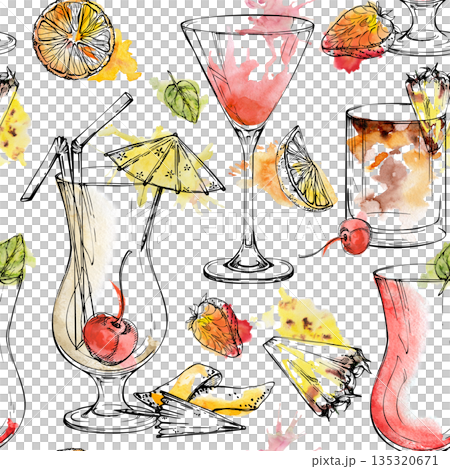 Cosmopolitan, Mai Tai cocktails, iced tea and creamy milkshake, lemonade drinks. Pineapple, citrus juice. Watercolor and ink seamless pattern. Hand drawn for cafe stationery, summer campaign visuals. Cosmopolitan, Mai Tai cocktails, iced tea and creamy milkshake, lemonade drinks. Pineapple, citrus juice. Watercolor and ink seamless pattern. Hand drawn for cafe stationery, summer campaign visuals. 135320671