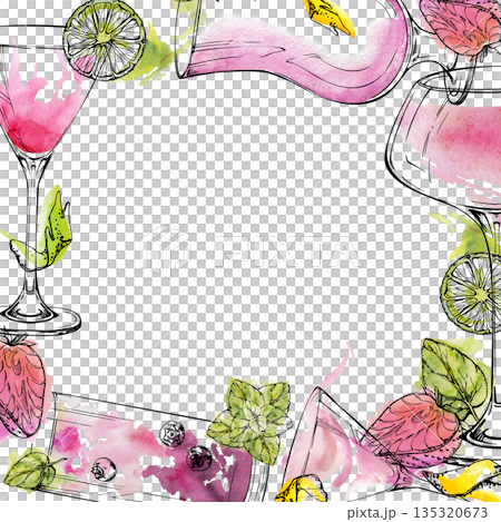 Watercolor frame of rose cocktails with citrus and mint garnish, gentle ink contours. Pink lady, strawberry milkshake, blueberry lemonade hand drawn for feminine party invites or modern drink menus. Watercolor frame of rose cocktails with citrus and mint garnish, gentle ink contours. Pink lady, strawberry milkshake, blueberry lemonade hand drawn for feminine party invites or modern drink menus. 135320673