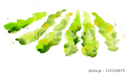 Layered watercolor landscape, tree rows of may green meadows, distant hills, golden sunlight speckles. Hand drawn isolated illustration for eco agriculture, vineyard farming, organic harvest product. Layered watercolor landscape, tree rows of may green meadows, distant hills, golden sunlight speckles. Hand drawn isolated illustration for eco agriculture, vineyard farming, organic harvest product. 135320675