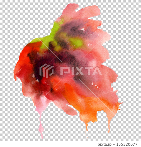 Vibrant leaf shaped splash in coral and red tone. Warmth, passion, tropical mood. Single object isolated illustration hand drawn in watercolor. Stationery, textile prints, lifestyle design projects. 135320677