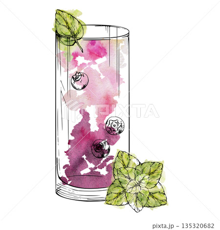 Vibrant Mojito Berry Twist cocktail, juice or milkshake in highball glass with mint leaves garnish. Watercolor splashes and fine ink detail. Isolated illustration for bar branding, festive layouts. 135320682
