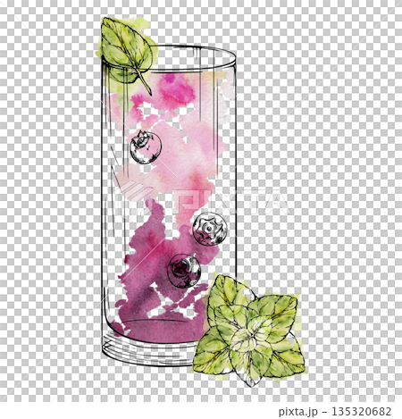 Vibrant Mojito Berry Twist cocktail, juice or milkshake in highball glass with mint leaves garnish. Watercolor splashes and fine ink detail. Isolated illustration for bar branding, festive layouts. Vibrant Mojito Berry Twist cocktail, juice or milkshake in highball glass with mint leaves garnish. Watercolor splashes and fine ink detail. Isolated illustration for bar branding, festive layouts. 135320682