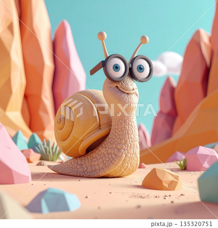 Whimsical Snail Character in a Colorful Landscape 135320751