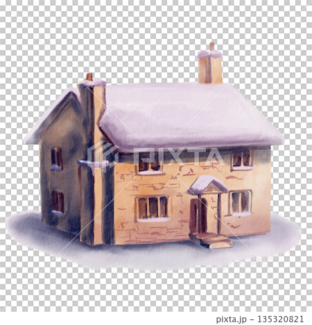 Charming two story stone English cottage with porch,chimney,snow covered gabled roof.Watercolor landscape element in soft washes and texture,for holiday branding,storybook art,cozy winter theme Charming two story stone English cottage with porch,chimney,snow covered gabled roof.Watercolor landscape element in soft washes and texture,for holiday branding,storybook art,cozy winter theme 135320821