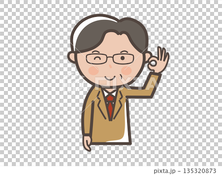 插圖描繪了一位戴眼鏡的中年男性商務人士的上半身，他正在比劃“OK”手勢。 135320873