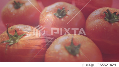Displaying cluster of green-stemmed red tomatoes glistening with water droplets on red surface Displaying cluster of green-stemmed red tomatoes glistening with water droplets on red surface 135321024