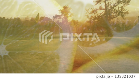 Casting long dawn shadows, flagstick standing on putting green, with pine trees and citrus overlay Casting long dawn shadows, flagstick standing on putting green, with pine trees and citrus overlay 135321037