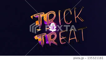 Displaying bold hand-drawn TRICK and TREAT lettering on dark gradient backdrop, with glowing ghost 135321181