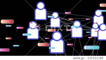 Visualizing avatar network linked by lines on black backdrop, with floating search and bell tags Visualizing avatar network linked by lines on black backdrop, with floating search and bell tags 135321184