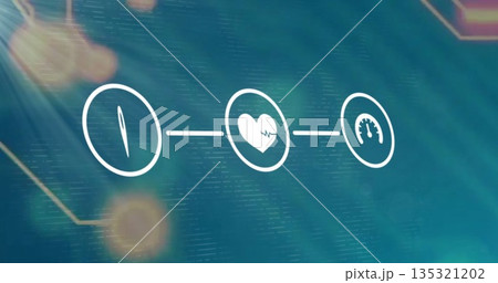 Displaying three linked white circular icons glowing on teal dashboard, showing circuit patterns Displaying three linked white circular icons glowing on teal dashboard, showing circuit patterns 135321202