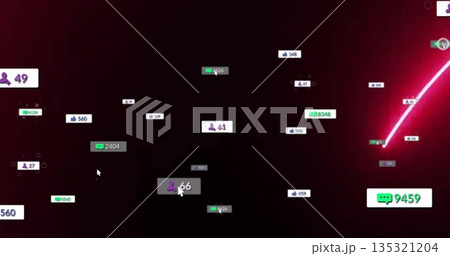 Displaying floating metrics in red-black UI, with purple person, blue thumbs-up, green chat bubbles 135321204