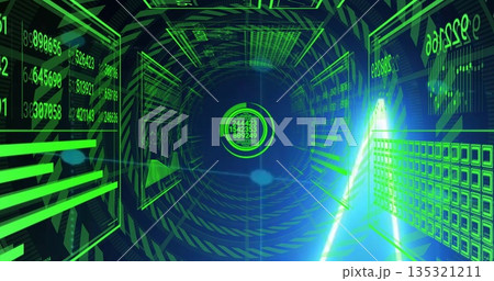 Converging neon data panels forming wireframe tunnel in cyberspace, with circular data display Converging neon data panels forming wireframe tunnel in cyberspace, with circular data display 135321211