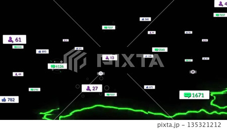Floating cluster of thumbs-up and comment icons with metrics on interface, with neon green waveform Floating cluster of thumbs-up and comment icons with metrics on interface, with neon green waveform 135321212