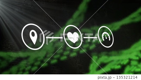 Floating pin, heart and speed gauge icons linking on dark digital waves, with diagonal light beam Floating pin, heart and speed gauge icons linking on dark digital waves, with diagonal light beam 135321214